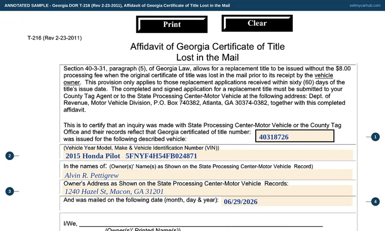 Top of our filled-in example of Georgia T-216, Affidavit of Georgia Certificate of Title Lost in the Mail