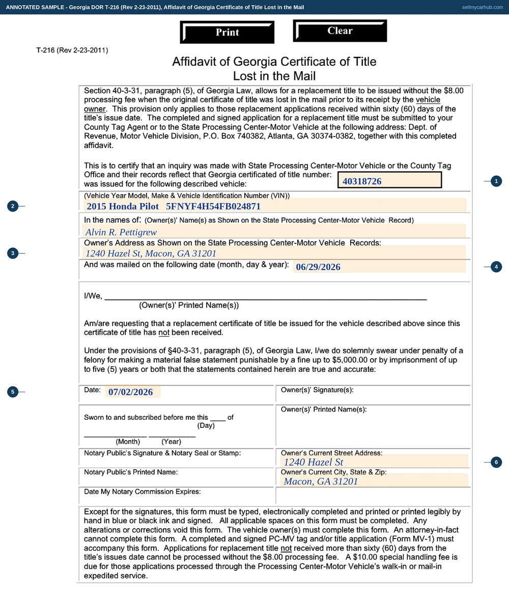 A Georgia Form T-216 filled in: certificate of title number 40318726 issued for a 2015 Honda Pilot, VIN 5FNYF4H54FB024871, in the name of Alvin R. Pettigrew of 1240 Hazel St, Macon, GA 31201, posted on 06/29/2026, dated 07/02/2026, with the owner's current street address and city, state and zip completed at the foot.