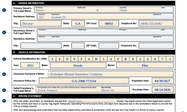Part of our filled-in example of Georgia T-226L, Application to Extend the Initial Registration Period on a Vehicle for which the Title has not been provided by the Lienholder, showing the filled-in entries