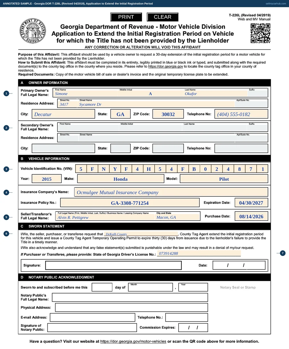 A Georgia Form T-226L filled in: primary owner Simone A. Okafor of 3417 Sycamore Dr, Decatur, GA 30032; VIN 5FNYF4H54FB024871, a 2015 Honda Pilot; insurer Ocmulgee Mutual Insurance Company, policy GA-3308-771254 expiring 04/30/2027; seller Alvin R. Pettigrew of Macon, GA, purchase date 08/14/2026; and DeKalb County named as the county tag agent asked to extend the registration period.