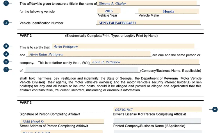 Part of our filled-in example of Georgia T-227, One And The Same Affidavit, showing the filled-in entries