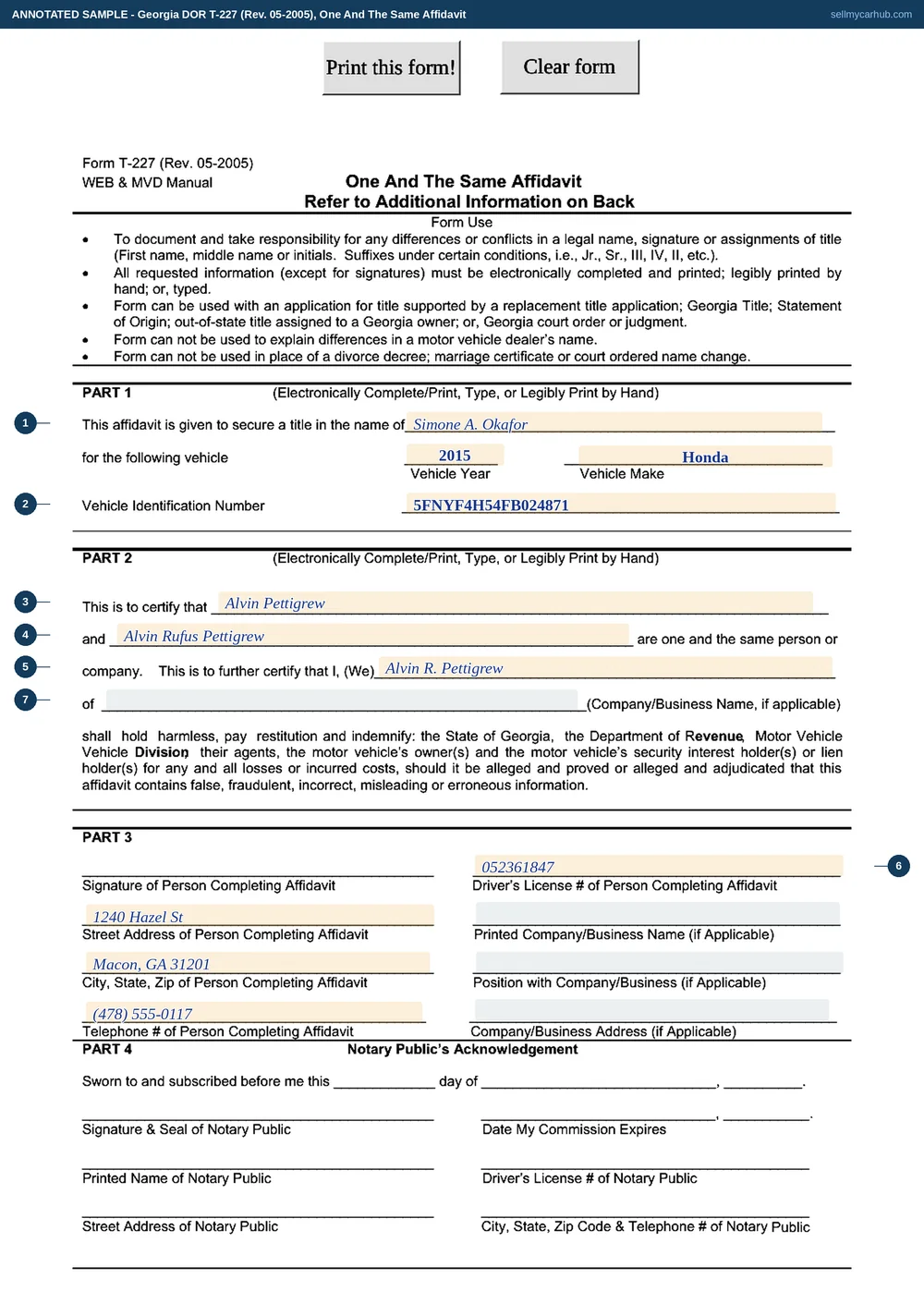 A Georgia Form T-227 filled in: the affidavit given to secure a title in the name of Simone A. Okafor for a 2015 Honda, VIN 5FNYF4H54FB024871; certifying that Alvin Pettigrew and Alvin Rufus Pettigrew are one and the same person; completed by Alvin R. Pettigrew with driver's licence 052361847 of 1240 Hazel St, Macon, GA 31201; and the company name, position and company address blocks greyed out and empty.