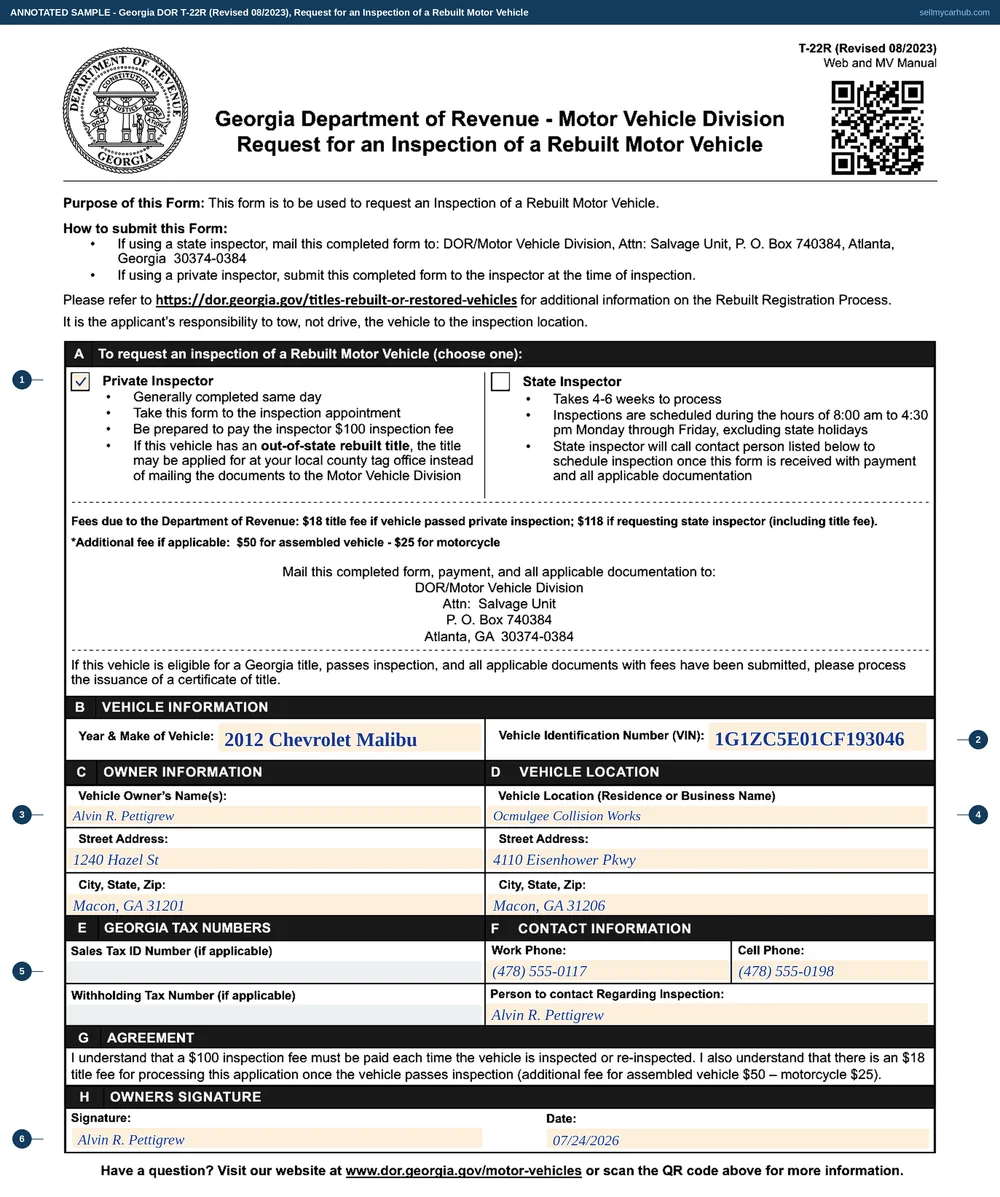 A Georgia Form T-22R filled in: the private inspector box ticked, a 2012 Chevrolet Malibu, VIN 1G1ZC5E01CF193046, owner Alvin R. Pettigrew of 1240 Hazel St, Macon, GA 31201, vehicle located at Ocmulgee Collision Works, 4110 Eisenhower Pkwy, Macon, GA 31206, contact numbers completed, the Georgia tax number blocks greyed out and empty, and the owner's signature dated 07/24/2026.