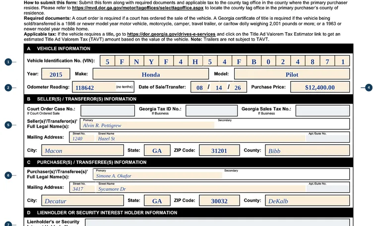 Part of our filled-in example of Georgia T-7, Bill of Sale, showing the filled-in entries