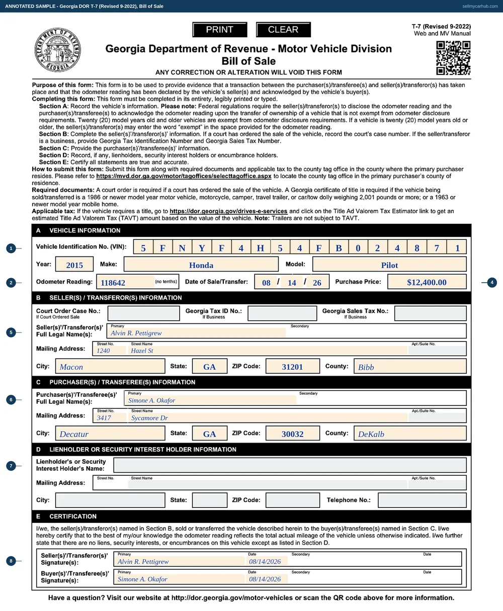 A Georgia Form T-7 bill of sale filled in: VIN 5FNYF4H54FB024871 one character per printed box, a 2015 Honda Pilot, odometer reading 118642, date of sale 08 14 26, purchase price $12,400.00, seller Alvin R. Pettigrew of Macon in Bibb County, purchaser Simone A. Okafor of Decatur in DeKalb County, an empty lienholder section D greyed out, and both parties signed and dated in section E.