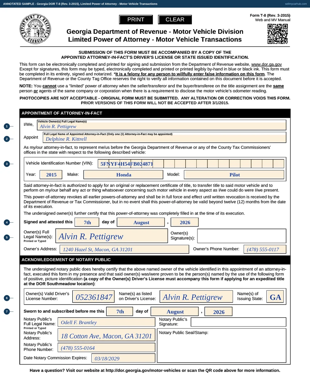 A Georgia Form T-8 filled in: Alvin R. Pettigrew appointing Delphine R. Kittrell as attorney-in-fact for a 2015 Honda Pilot, VIN 5FNYF4H54FB024871, signed and attested on the 7th day of August 2026, with the owner's address in Macon, his driver's licence number 052361847 recorded in the notary block, and the notary Odell F. Brantley of 18 Cotton Ave, Macon, with a commission expiring 03/18/2029.