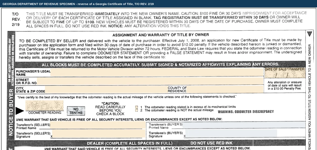 The reverse of a blank Georgia Certificate of Title, revision T/O REV. 2/19, published by the Georgia Department of Revenue. A red warning band runs across the top, the Assignment and Warranty of Title by Owner fills the middle with empty blocks for the purchaser's legal name, address, county of residence, date of sale, odometer reading and the transferor and transferee signature lines, and a dealer reassignment block begins at the foot.