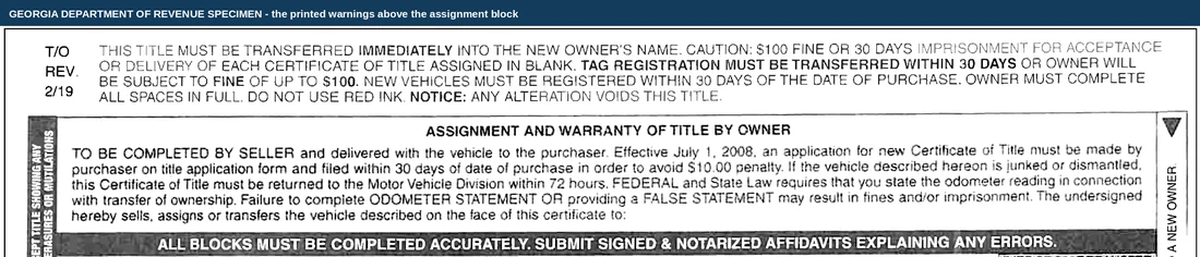 The printed warnings above the assignment block on a Georgia Certificate of Title: a red band stating the title must be transferred immediately into the new owner's name with a $100 fine or 30 days imprisonment for a certificate assigned in blank, and the Assignment and Warranty of Title by Owner preamble telling the seller to deliver the certificate with the vehicle to the purchaser.