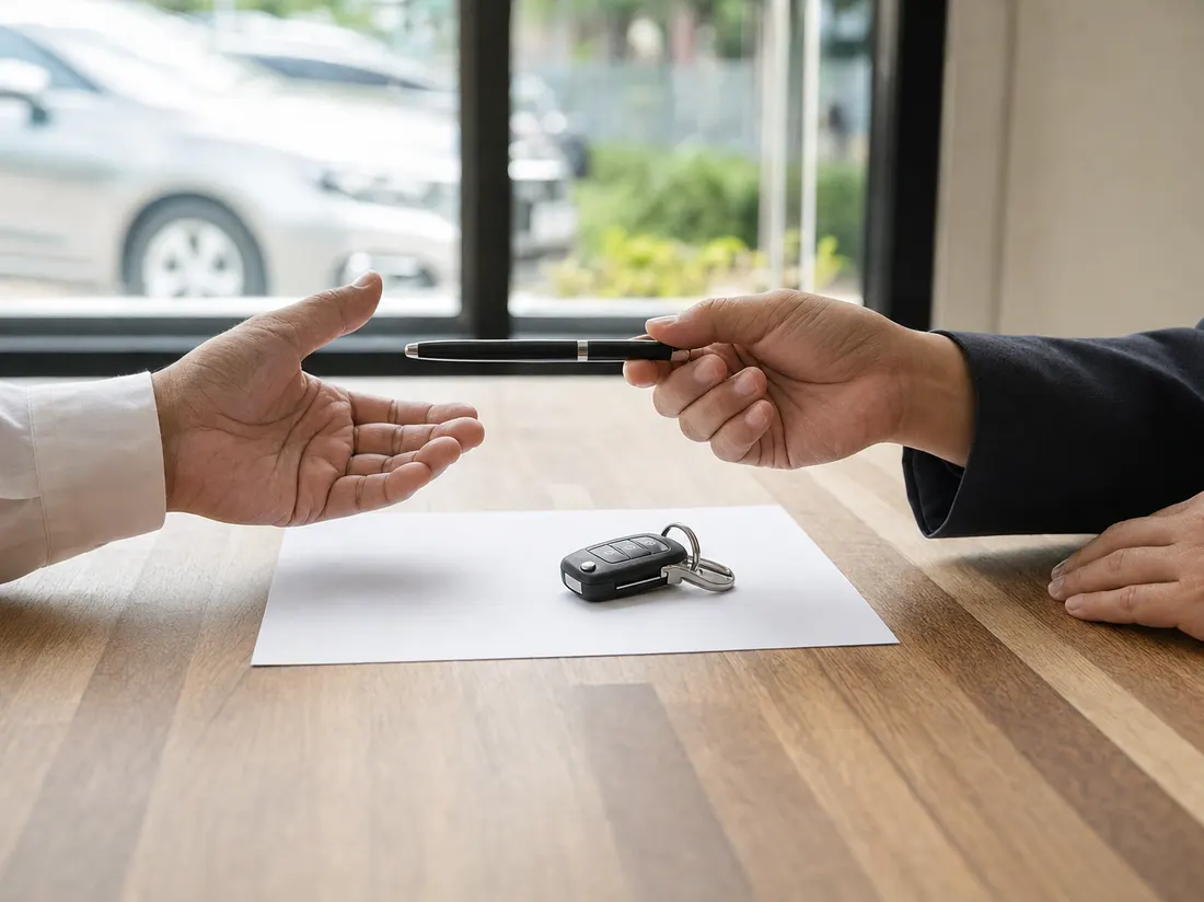 Two people's hands across a table passing a pen over a blank sheet - writing a bill of sale