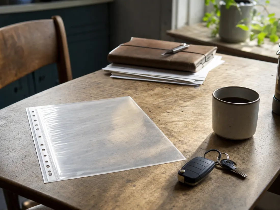 An empty document sleeve and car keys on a kitchen table - replacing a lost car title