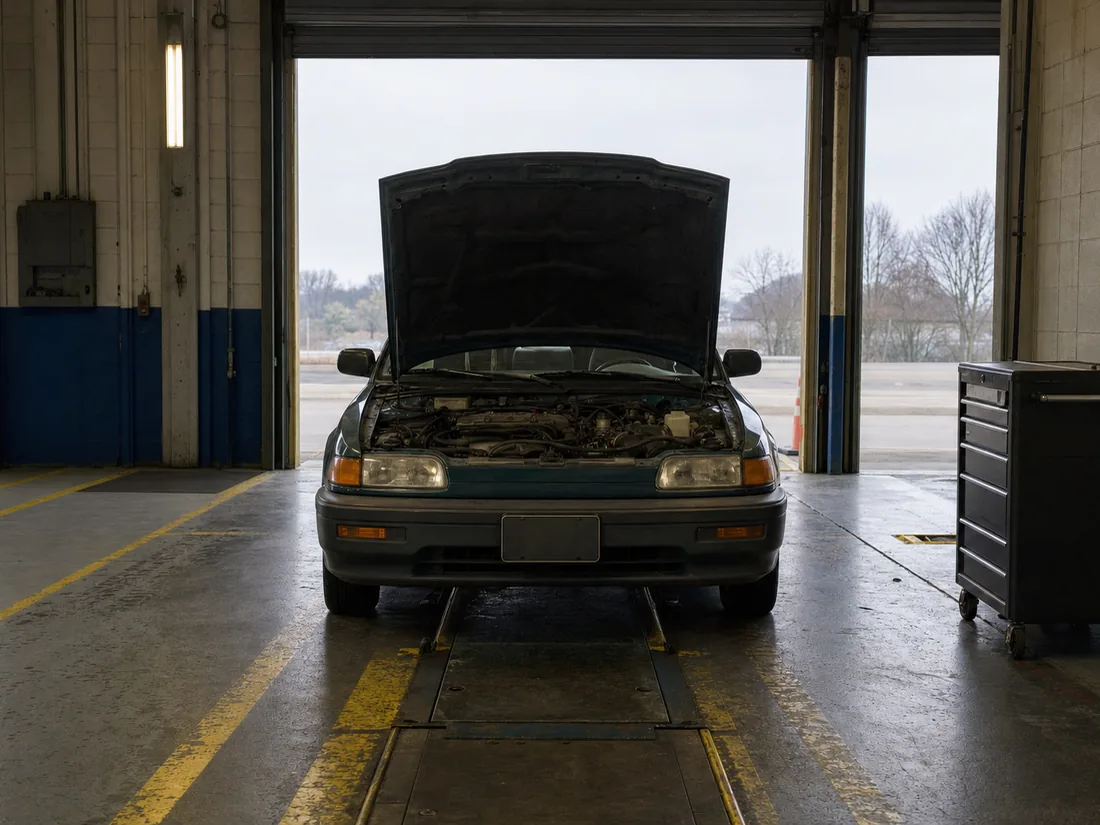 An older sedan with its bonnet raised in an empty inspection bay