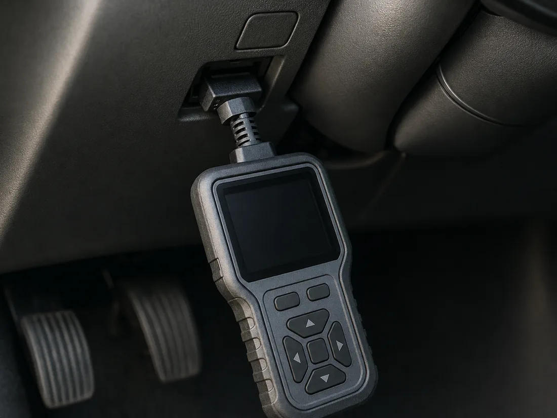 A diagnostic scan tool plugged into the OBD port under a dashboard
