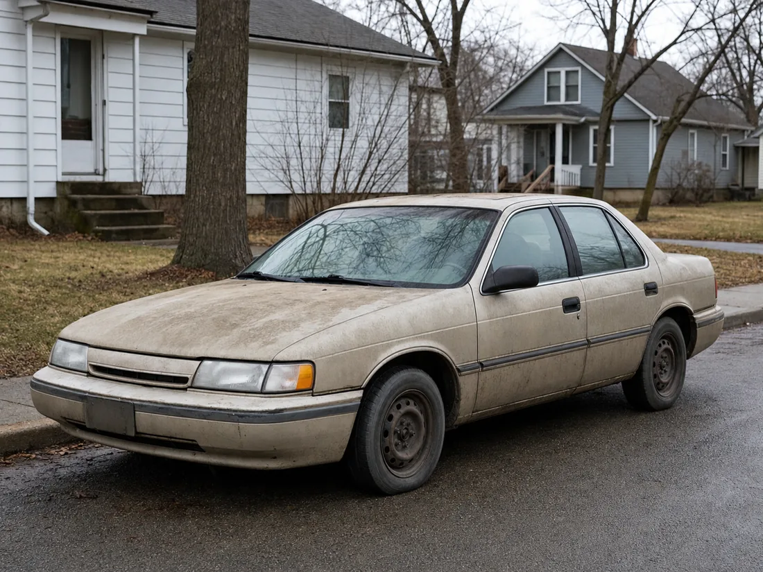 An ageing sedan parked at a residential kerb on a grey morning