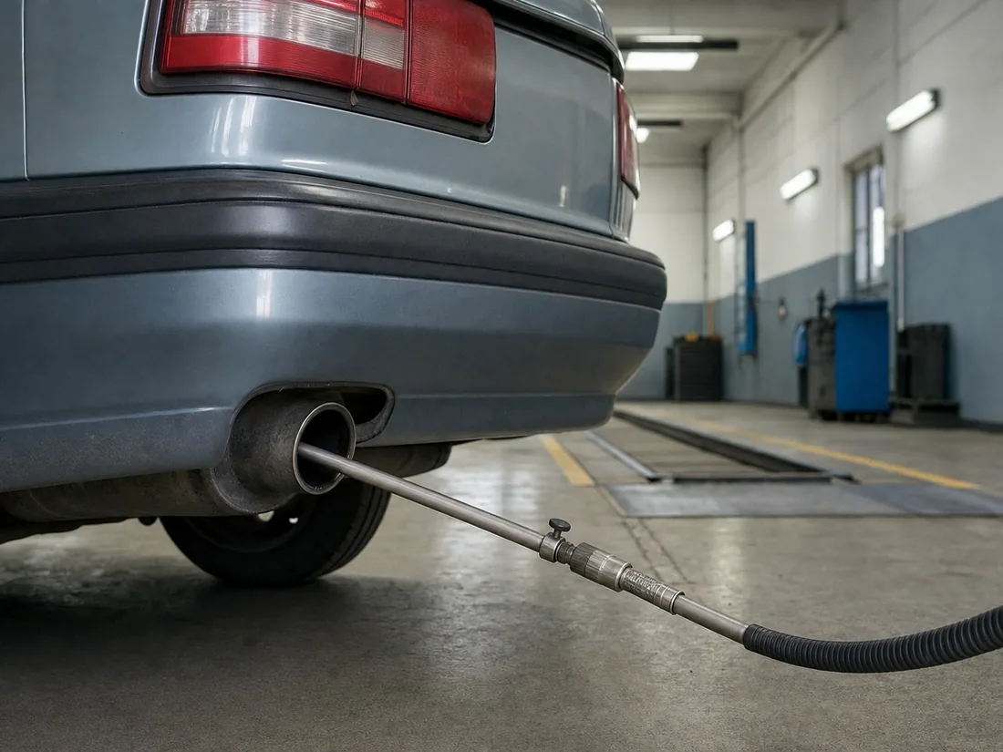 The tailpipe of an older sedan with an emissions testing probe inserted, in a garage inspection bay