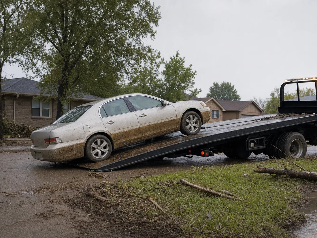 An ordinary sedan winched onto a flatbed the morning after a flood, a brown mud line across its doors and storm debris across the grass