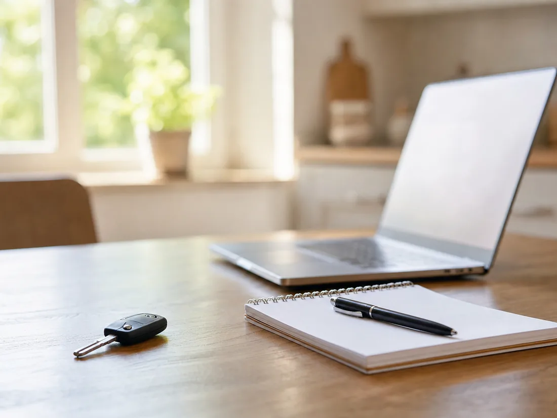 A kitchen table by a bright window with a car key, a blank notepad and an open laptop turned away - the five-minute version of a vehicle history check