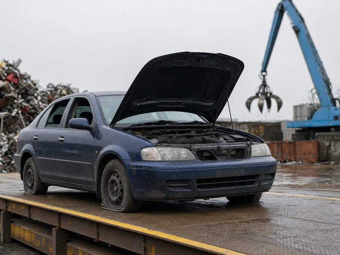 A single end-of-life car standing on a steel weighbridge platform at a scrapyard, tyres flat and bonnet raised, a grab crane out of focus behind it