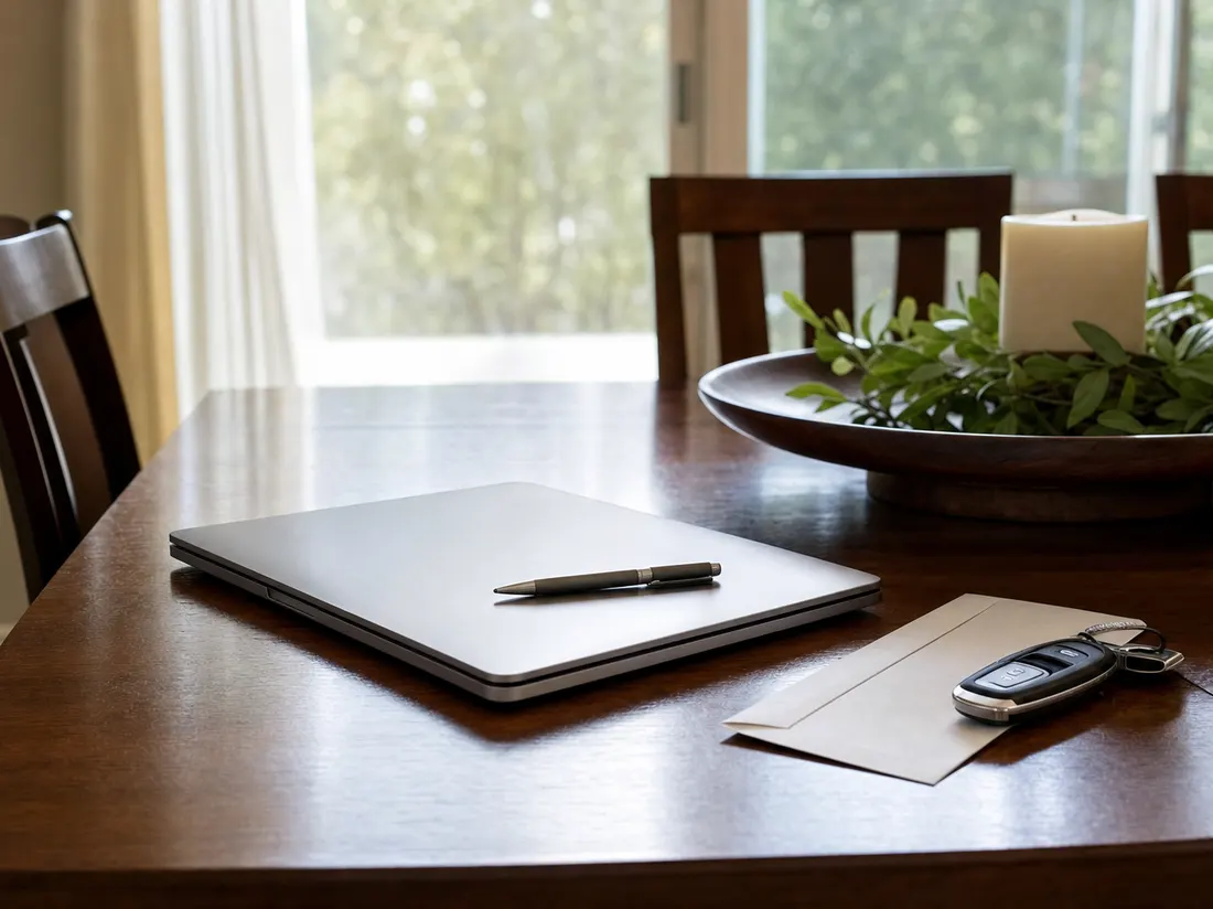 A closed laptop beside a bank envelope and car keys on a table - selling a car with a loan on it