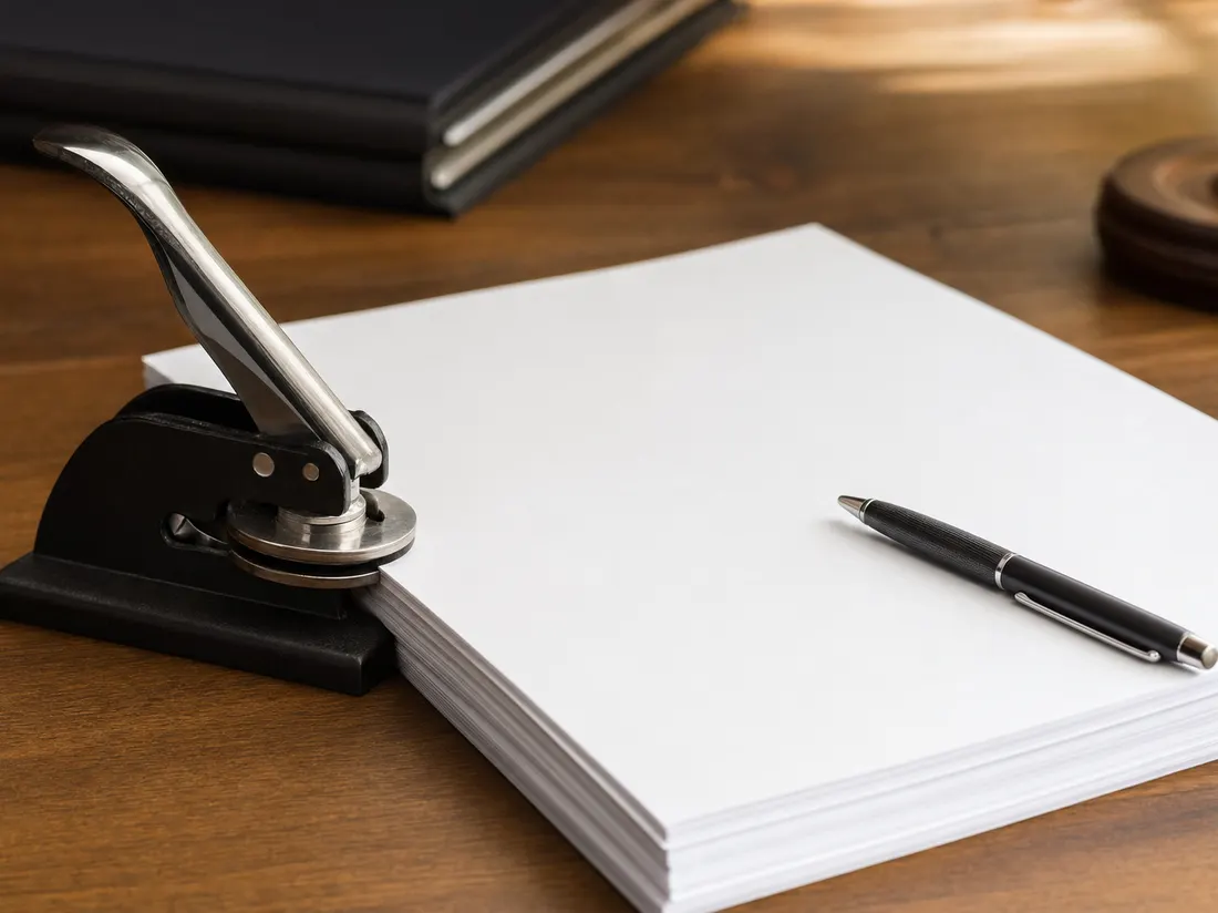 A notary stamp and pen resting on unmarked documents - notarizing a car title