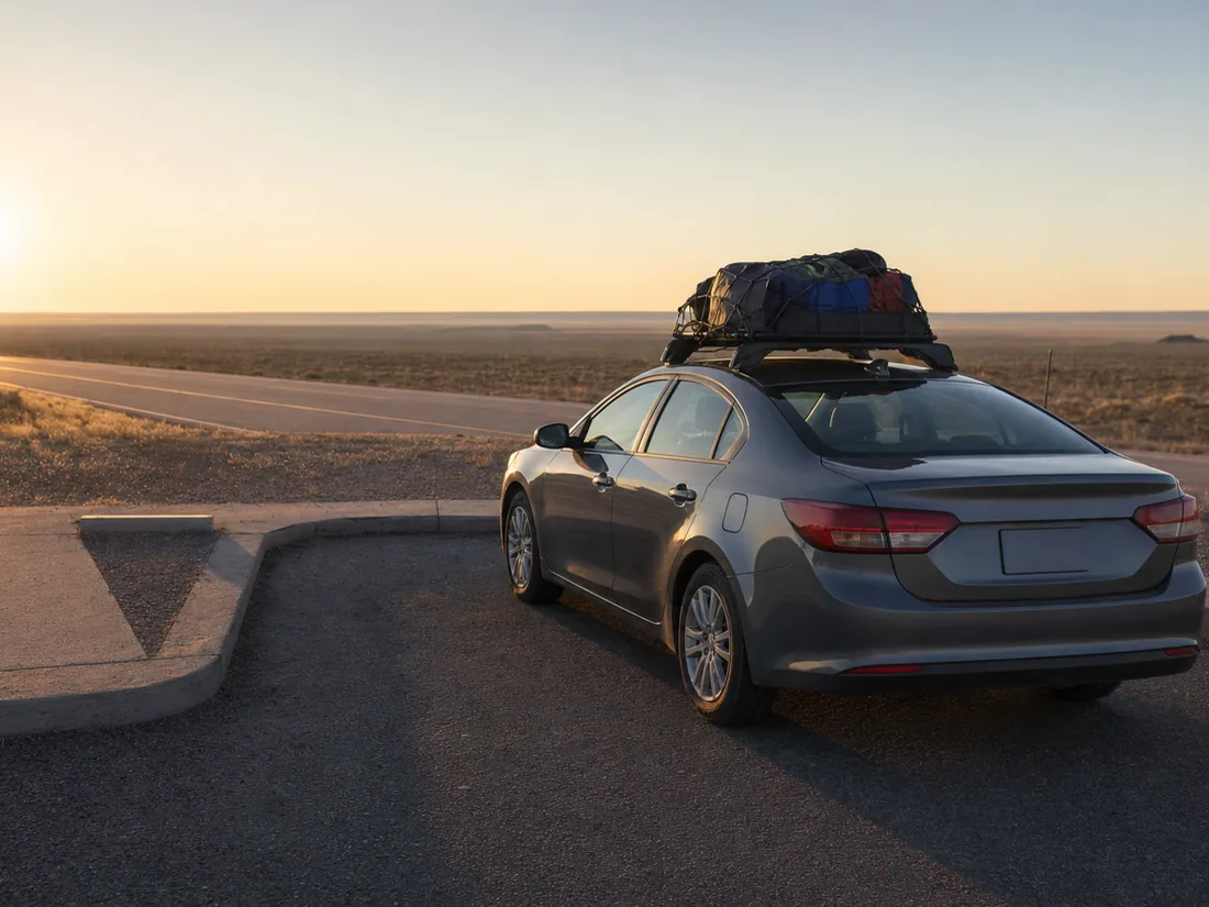An ordinary sedan parked alone at a highway rest area at dawn, loaded for a long drive, empty road running to a flat horizon behind it