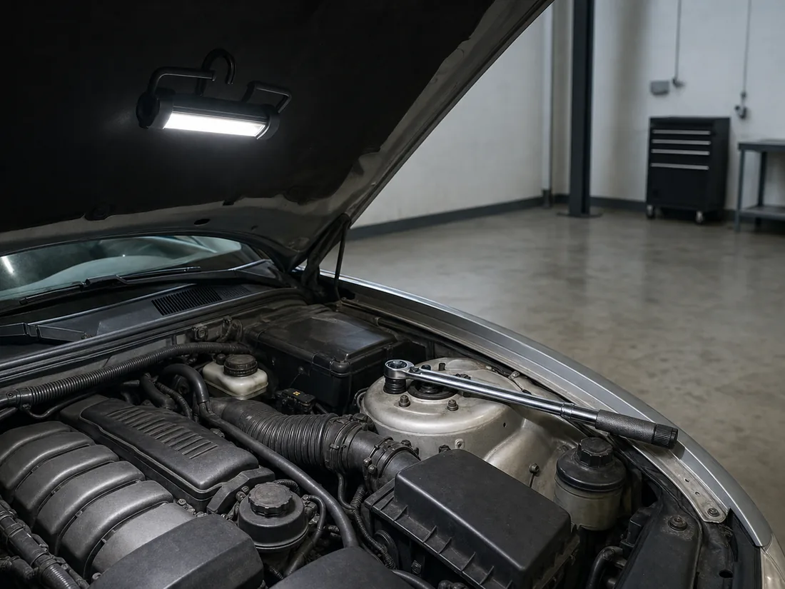 An open car hood under a hooked work light in an empty workshop bay, a torque wrench resting on the strut tower - the free appointment a recall is worth