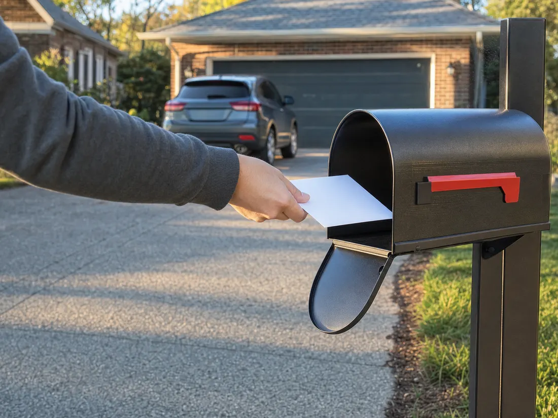 An envelope going into a suburban mailbox with a car in the driveway behind - filing a release of liability