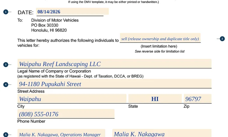 Part of page 1 of our filled-in example of Hawaii CSD-LOA-MVR, Letter of Authorization for DMV, showing the filled-in entries