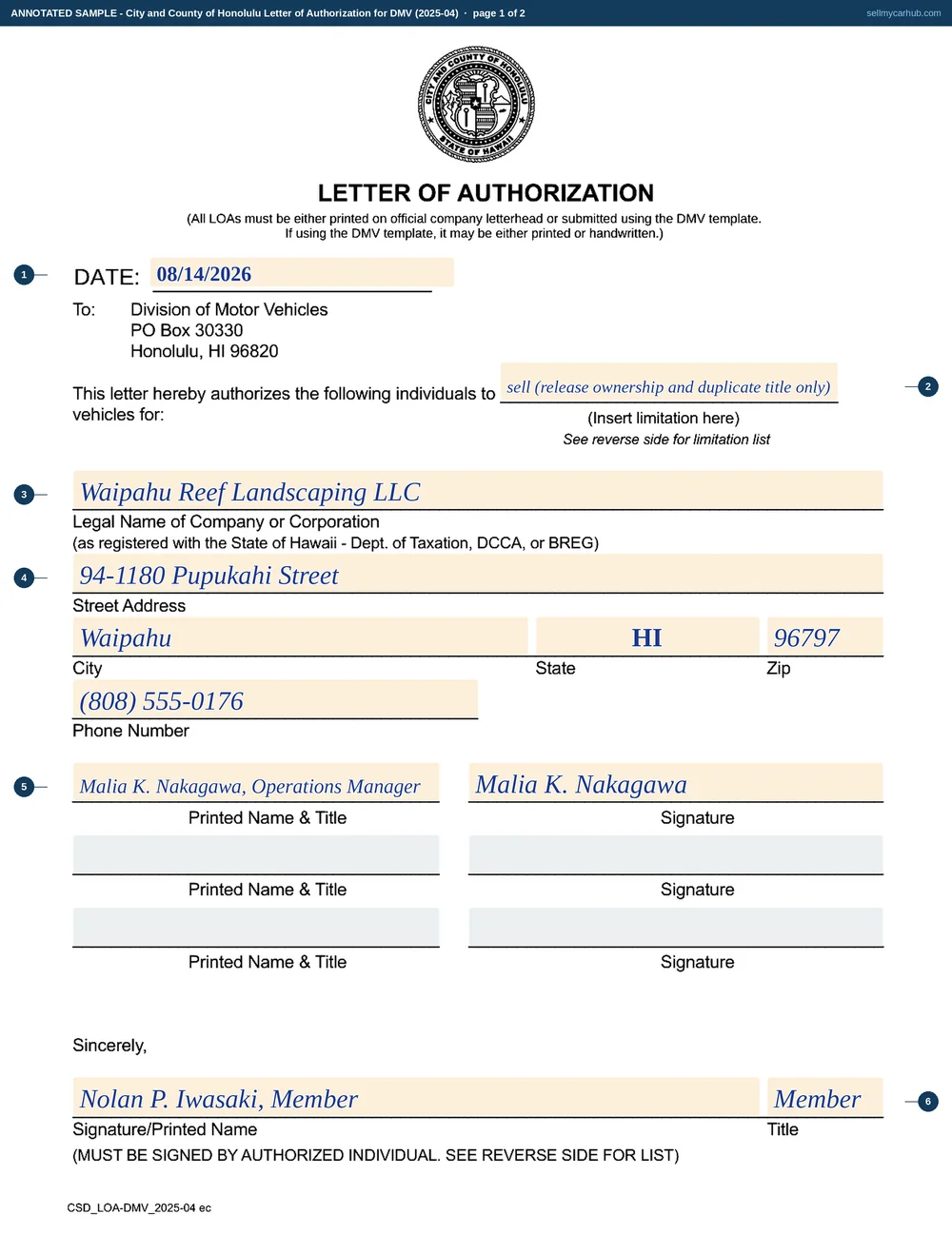A completed City and County of Honolulu Letter of Authorization for DMV. The date reads 08/14/2026 and the single limitation box in the authorisation sentence reads sell, release ownership and duplicate title only. The company is Waipahu Reef Landscaping LLC of 94-1180 Pupukahi Street, Waipahu, Hawaii 96797, and one authorised individual, Malia K. Nakagawa, Operations Manager, is named with a signature beside her.
