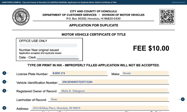 Top of our filled-in example of Hawaii CS-L(MVR)10, Application for Duplicate Motor Vehicle Certificate of Title