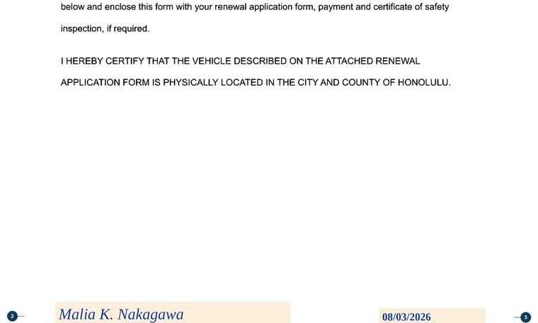 Part of our filled-in example of Hawaii CS-L(MVR)187, Vehicle Location Certificate - Other County, showing the filled-in entries