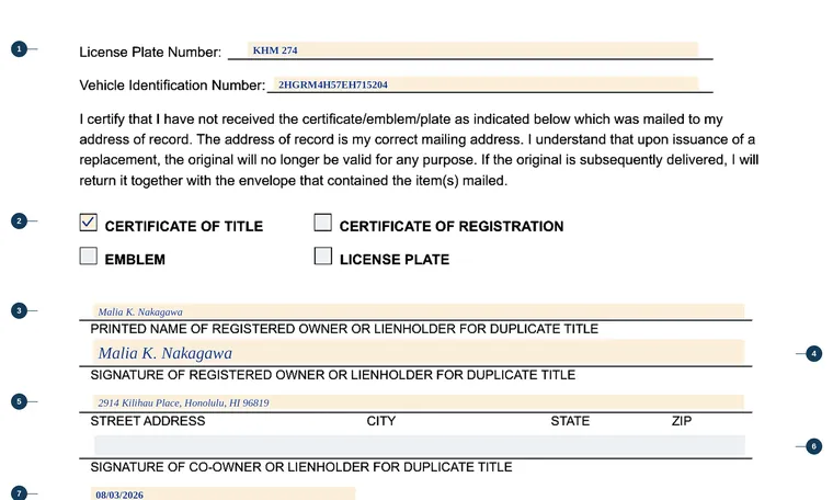 Part of our filled-in example of Hawaii CS-L(MVR)201, Affidavit, Non Receipt of Mail, showing the filled-in entries