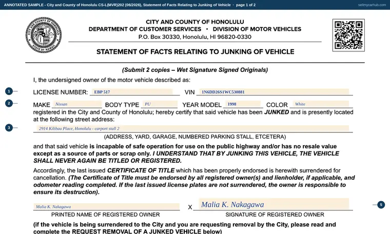 Top of page 1 of our filled-in example of Hawaii CS-L(MVR)202, Statement of Facts Relating to Junking of Vehicle