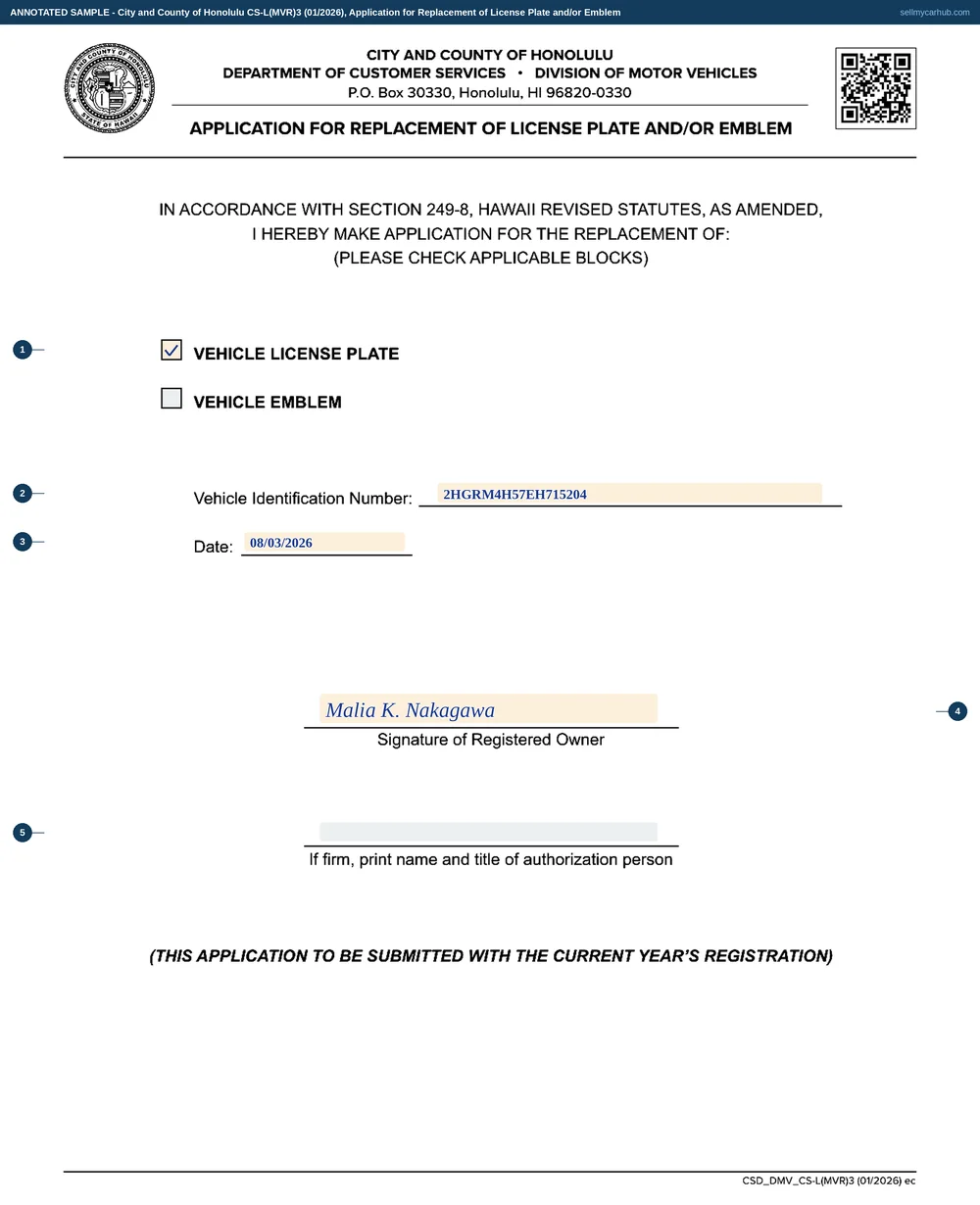 A completed Honolulu Application for Replacement of License Plate and/or Emblem, form CS-L(MVR)3. The vehicle license plate box is ticked and the vehicle emblem box is not. The vehicle identification number reads 2HGRM4H57EH715204, the date 08/03/2026, and the signature line carries the registered owner's signature. The firm name and title line beneath it is left empty.