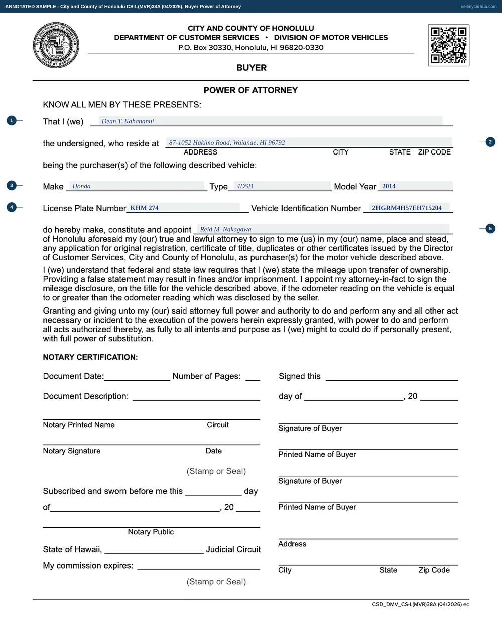 A completed Honolulu Buyer Power of Attorney, form CS-L(MVR)38A. The purchaser is Dean T. Kahananui of 87-1052 Hakimo Road, Waianae, Hawaii 96792. The vehicle is a Honda, type 4DSD, model year 2014, license plate KHM 274, vehicle identification number 2HGRM4H57EH715204. The appointee is Reid M. Nakagawa. The notary certification panel at the foot is washed grey and left empty.