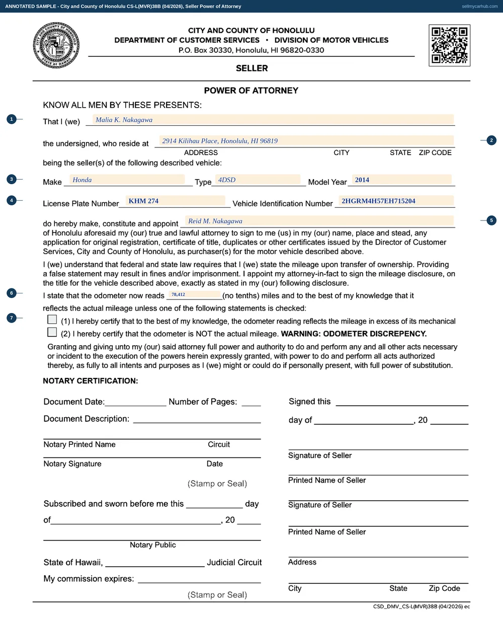 A completed Honolulu Seller Power of Attorney, form CS-L(MVR)38B. The grantor is Malia K. Nakagawa of 2914 Kilihau Place, Honolulu, Hawaii 96819. The vehicle is a Honda, type 4DSD, model year 2014, license plate KHM 274, vehicle identification number 2HGRM4H57EH715204. The appointee is Reid M. Nakagawa. The odometer reading is written as 78,412 with neither exception box ticked, and the notary certification panel at the foot is washed grey and left empty.