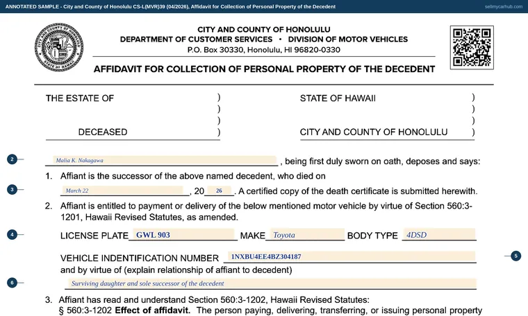 Top of our filled-in example of Hawaii CS-L(MVR)39, Affidavit for Collection of Personal Property of the Decedent
