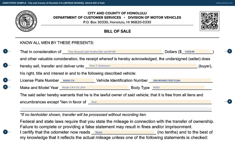 Top of our filled-in example of Hawaii CS-L(MVR)40, Vehicle Bill of Sale