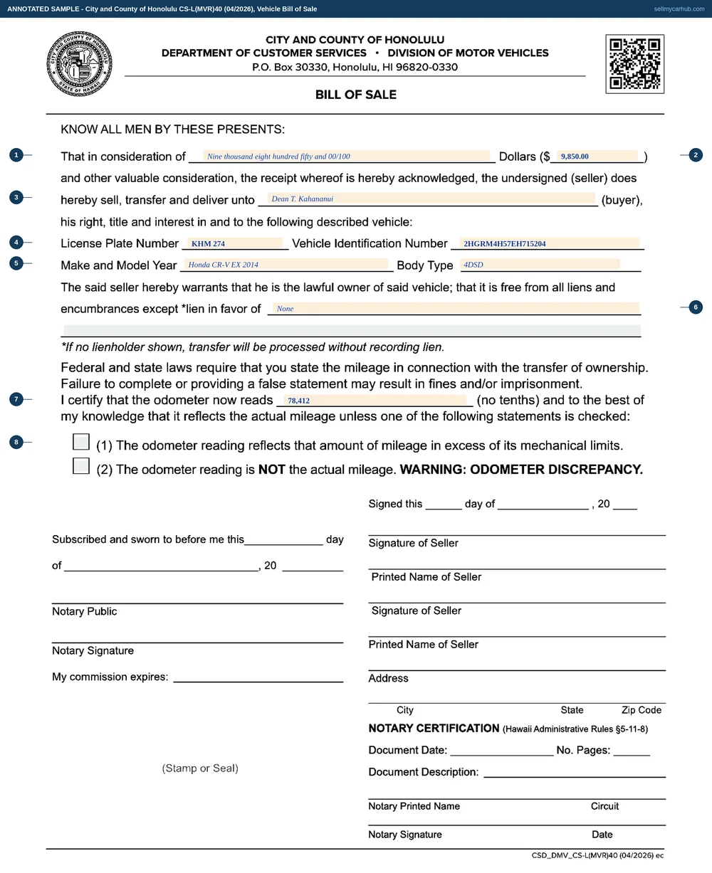 A completed Honolulu Vehicle Bill of Sale, form CS-L(MVR)40. The consideration reads Nine thousand eight hundred fifty and 00/100 Dollars, with 9,850.00 in the figures box. The buyer is Dean T. Kahananui. The vehicle is described by license plate KHM 274, vehicle identification number 2HGRM4H57EH715204, make and model year Honda CR-V EX 2014, and body type 4DSD. The lien line reads None and the odometer certification shows 78,412 with neither exception box ticked.