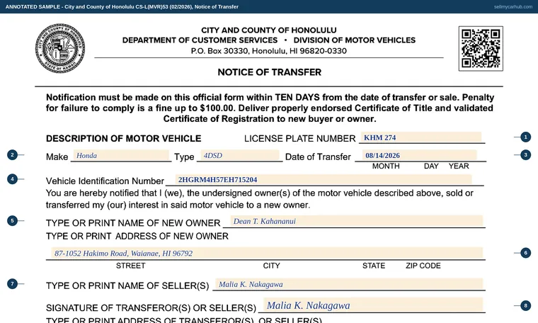 Top of our filled-in example of Hawaii CS-L(MVR)53, Notice of Transfer