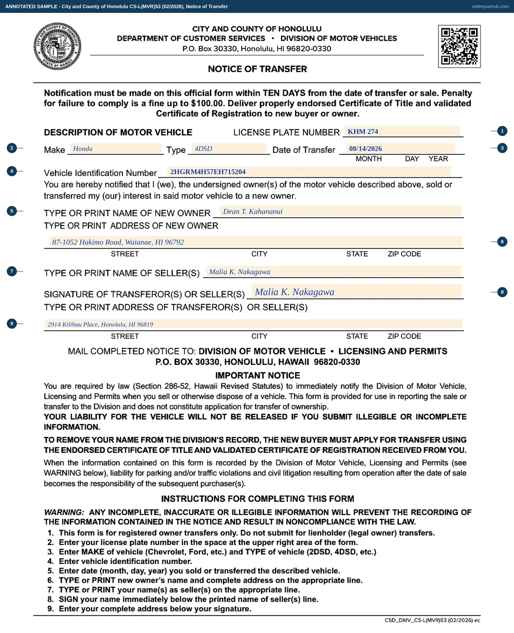 The Honolulu Notice of Transfer form CS-L(MVR)53, filled in with a fictional seller's details: plate number, make, type, date of transfer, vehicle identification number, the new owner's name and address, and the seller's printed name, signature and address.