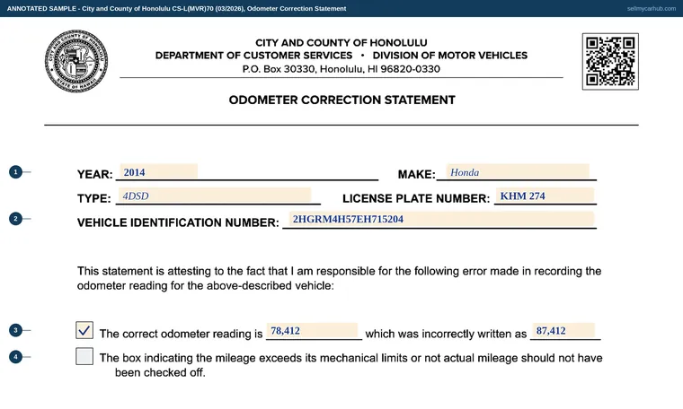 Top of our filled-in example of Hawaii CS-L(MVR)70, Odometer Correction Statement