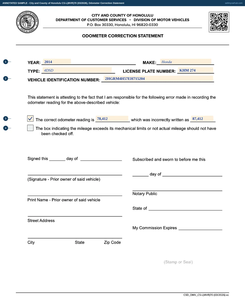 A completed Honolulu Odometer Correction Statement, form CS-L(MVR)70. The year is 2014, make Honda, type 4DSD, license plate number KHM 274 and vehicle identification number 2HGRM4H57EH715204. The first remedy is ticked, with the correct odometer reading given as 78,412 and the incorrectly written figure as 87,412. The second remedy, about a box that should not have been checked off, is left unticked.