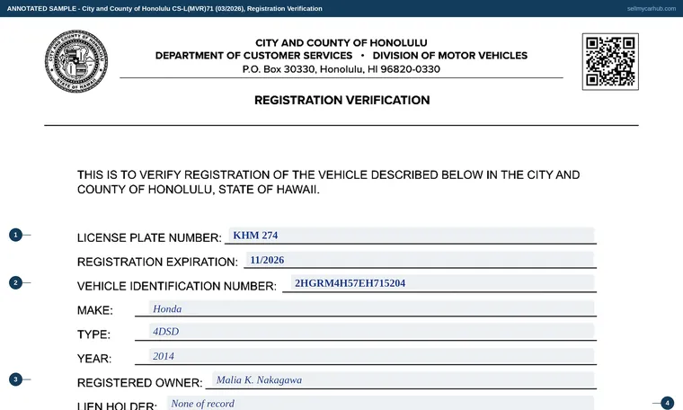 Top of our filled-in example of Hawaii CS-L(MVR)71, Registration Verification