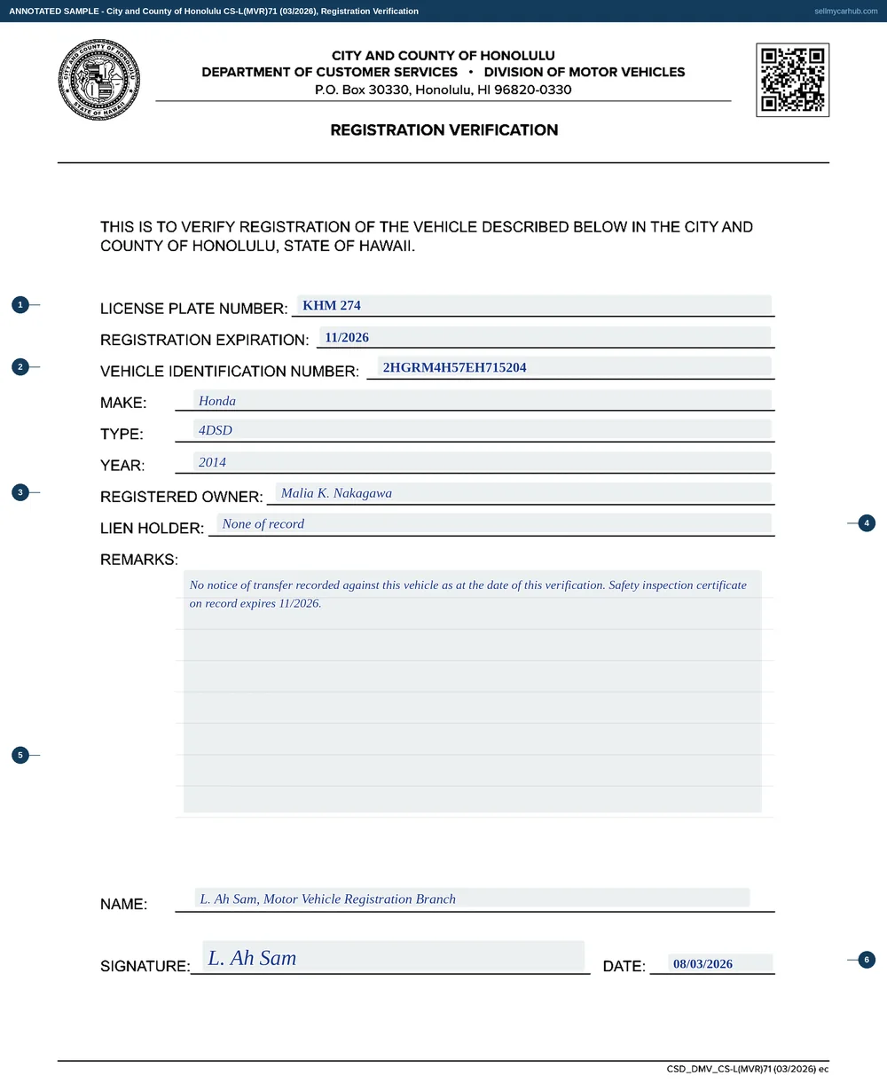A Honolulu Registration Verification, form CS-L(MVR)71, completed by a county officer. It verifies license plate number KHM 274 with registration expiration 11/2026, vehicle identification number 2HGRM4H57EH715204, make Honda, type 4DSD, year 2014, registered owner Malia K. Nakagawa and lien holder None. The remarks panel notes that no notice of transfer had been recorded as at the date of the verification, which is signed and dated by the issuing officer.