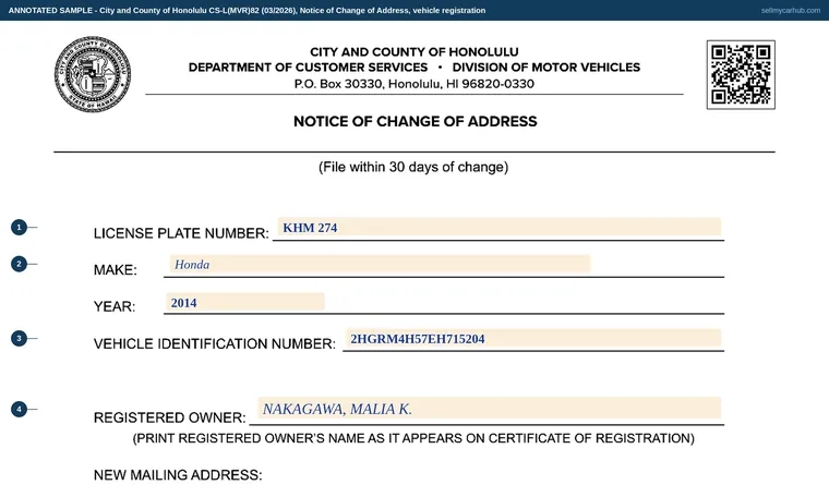 Top of our filled-in example of Hawaii CS-L(MVR)82, Notice of Change of Address, vehicle registration