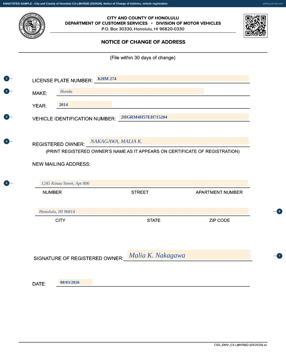 A completed Honolulu Notice of Change of Address for vehicle registration, form CS-L(MVR)82. The license plate number is KHM 274, make Honda, year 2014, vehicle identification number 2HGRM4H57EH715204, registered owner NAKAGAWA, MALIA K. The new mailing address reads 1245 Kinau Street, Apt 806, Honolulu, Hawaii 96814. The registered owner has signed and dated it 08/03/2026.