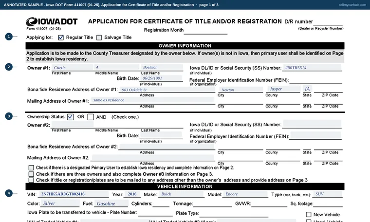 Top of page 1 of our filled-in example of Iowa 411007, Application for Certificate of Title and/or Registration
