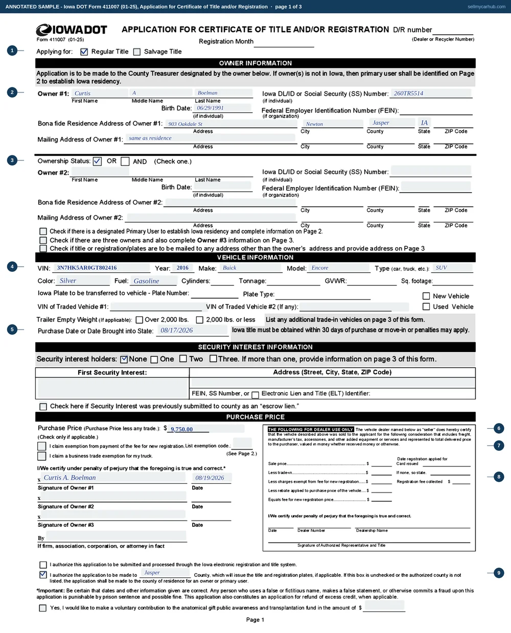 A completed Iowa DOT Form 411007, Application for Certificate of Title and/or Registration, page one, filled in as the buyer would complete it. Regular Title is ticked at the top. Owner #1 is Curtis A. Boelman with an Iowa driving licence number, a birth date and a residence address in Newton, Iowa. The vehicle information line shows a 2016 Buick Encore sport utility in silver with a gasoline fuel entry, and the vehicle identification number. The purchase date is 17 August 2026 and the purchase price is nine thousand seven hundred and fifty dollars. The owner signature and date are completed at the foot, and the trade-in, security interest and exemption blocks are shaded grey.