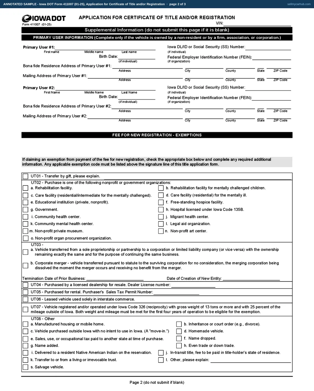 A completed Iowa DOT Form 411007, Application for Certificate of Title and/or Registration, page one, filled in as the buyer would complete it. Regular Title is ticked at the top. Owner #1 is Curtis A. Boelman with an Iowa driving licence number, a birth date and a residence address in Newton, Iowa. The vehicle information line shows a 2016 Buick Encore sport utility in silver with a gasoline fuel entry, and the vehicle identification number. The purchase date is 17 August 2026 and the purchase price is nine thousand seven hundred and fifty dollars. The owner signature and date are completed at the foot, and the trade-in, security interest and exemption blocks are shaded grey.