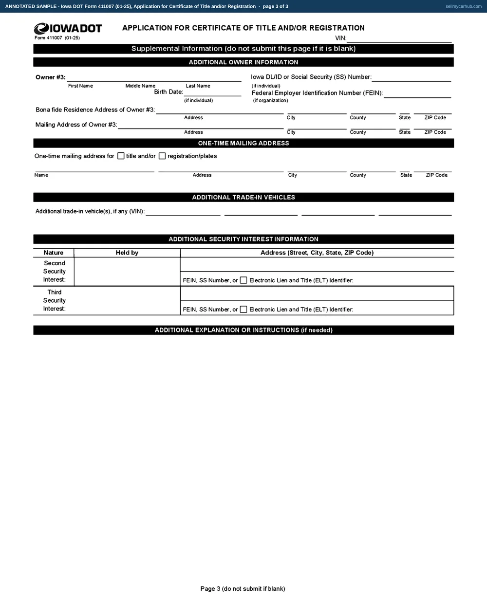 A completed Iowa DOT Form 411007, Application for Certificate of Title and/or Registration, page one, filled in as the buyer would complete it. Regular Title is ticked at the top. Owner #1 is Curtis A. Boelman with an Iowa driving licence number, a birth date and a residence address in Newton, Iowa. The vehicle information line shows a 2016 Buick Encore sport utility in silver with a gasoline fuel entry, and the vehicle identification number. The purchase date is 17 August 2026 and the purchase price is nine thousand seven hundred and fifty dollars. The owner signature and date are completed at the foot, and the trade-in, security interest and exemption blocks are shaded grey.